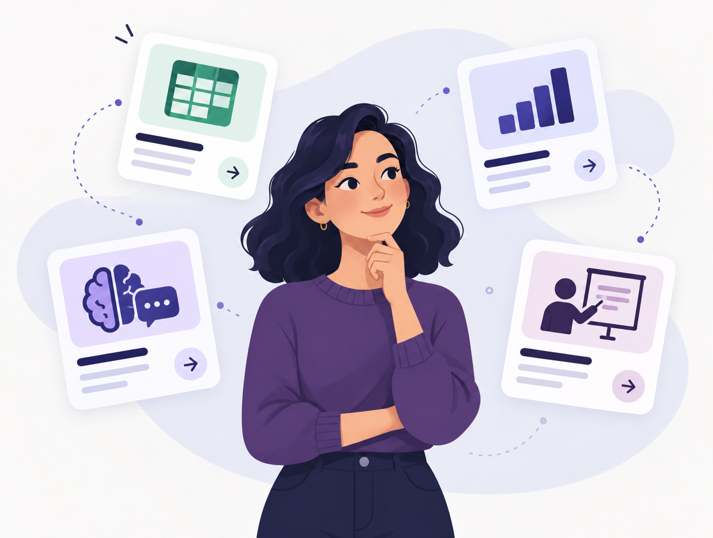 Ilustración de una profesional valorando distintas áreas de formación tecnológica y productividad digital